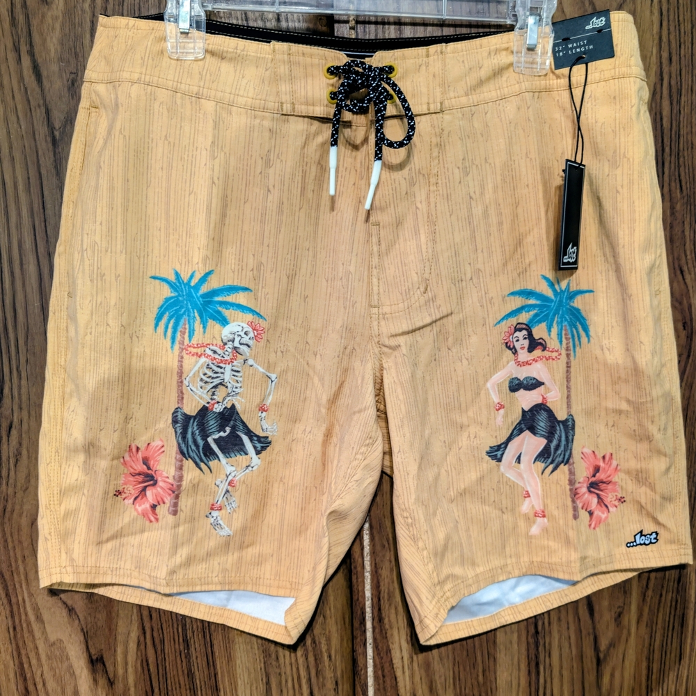 Lost Tan Swim Board Shorts with Tropical Print